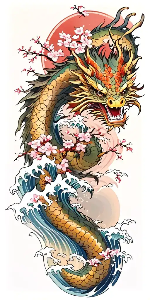 A Fierce Dragon Emerging From The Ocean Waves With Cherry Blossom Trees In A Red Background