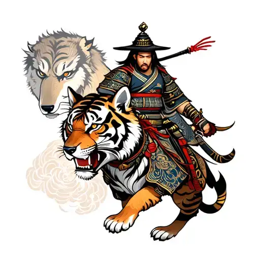 Samurai Warrior Wolf And Tiger Surrounded