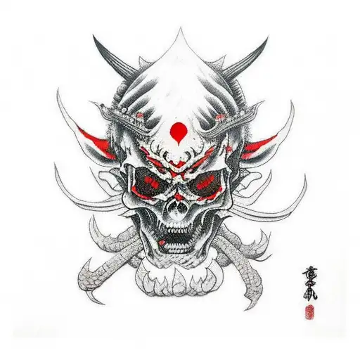 Japanese Demon Skull In Red Paint