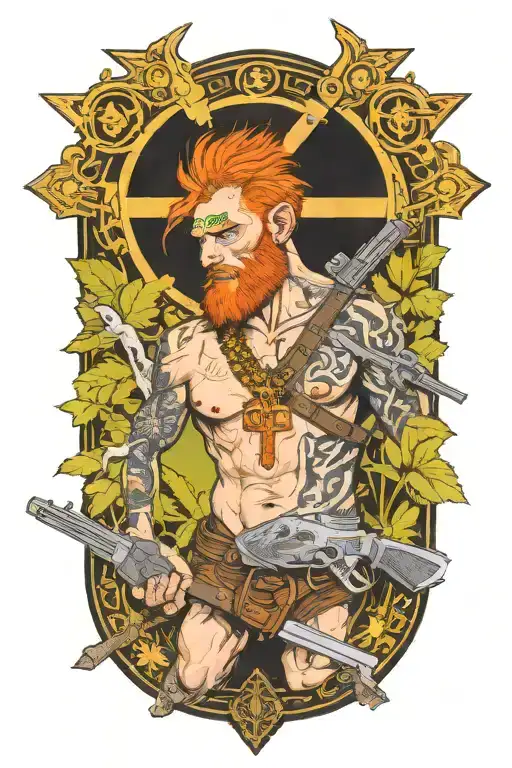 Man With Orange Hair And Blistered Face Riding Collared Peccary On A Crucifix With A Gun In Jungle