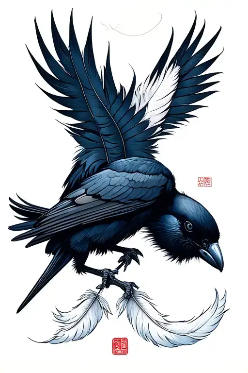 Crow Plucking Feathers And White Feathers Underneath