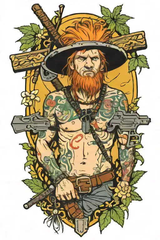 Man With Orange Hair And Blistered Face Riding Collared Peccary On A Crucifix With A Gun In Jungle
