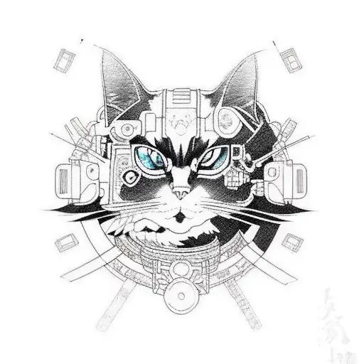 A Cyberpunk-inspired Anime Character With A Cat Companion In A Blackwork Style