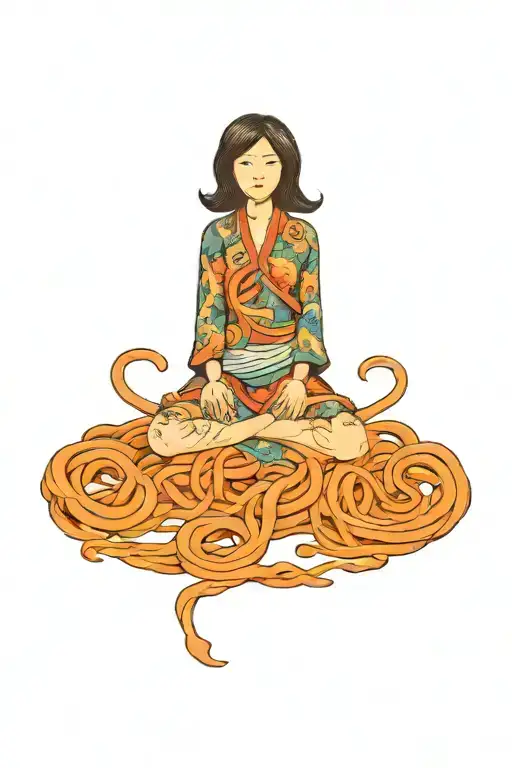 A Woman Riding A Flying Spaghetti Monster