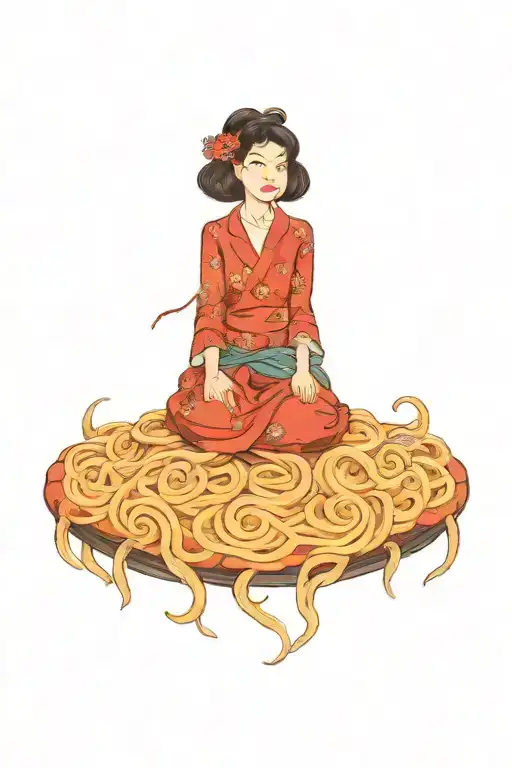 A Woman Riding A Flying Spaghetti Monster