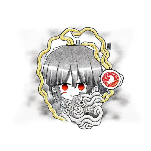 Manga Style Ramen Noodles With Small Anime Characters And Japanese Flag In The Background