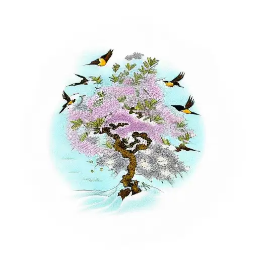 Olive Tree With Flowers And Birds