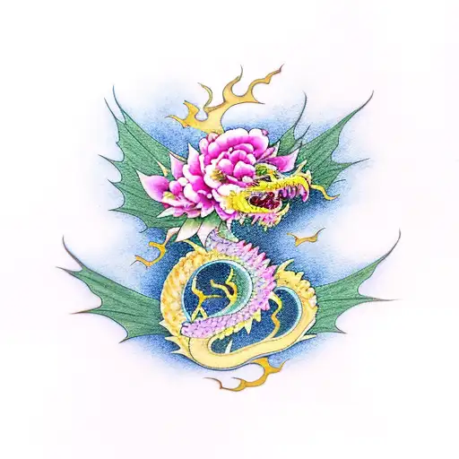 Dragon With Peony Flowers And Maple Leaves