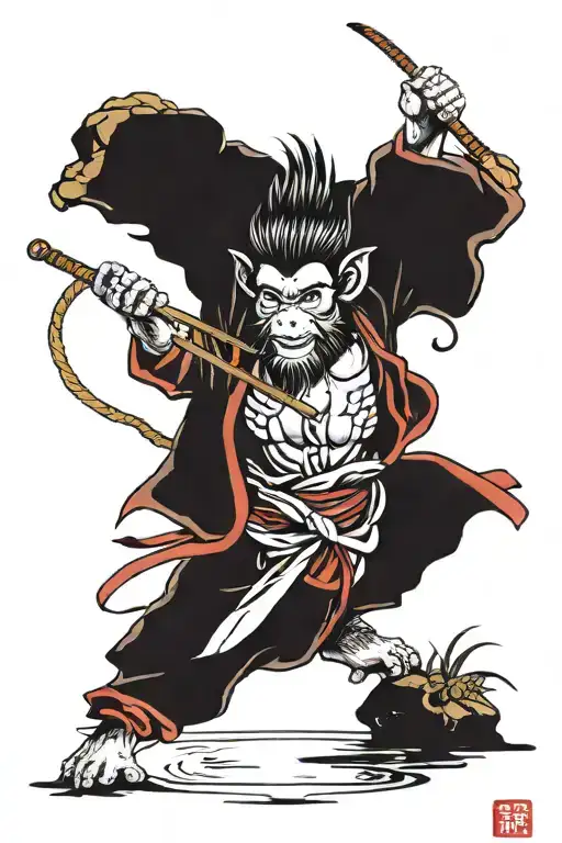 Sun Wukong Doing The Monkey Staff Technique While In A Pond And Holding A Circular Compass