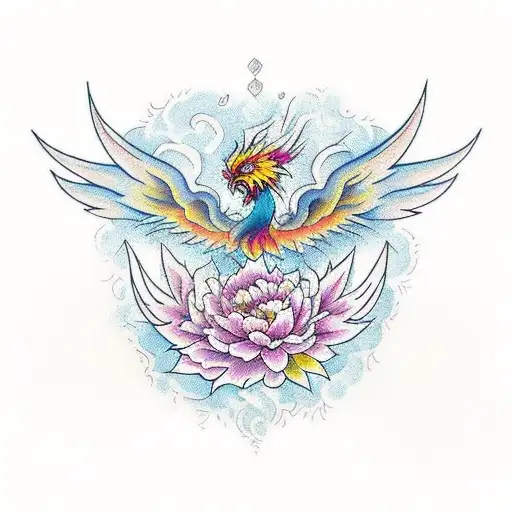 Phoenix In The Style Of Roguetattoos With Peony Flowers And Maple Leaves