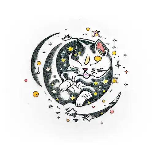 A Cat Sleeping On A Crescent Moonsurrounded By Stars