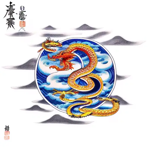 Serpent Dragon Flying Out Of Water With A Blood Moon Behind It