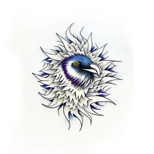 Waves And A Raven Holding A Sunflower In It's Beak