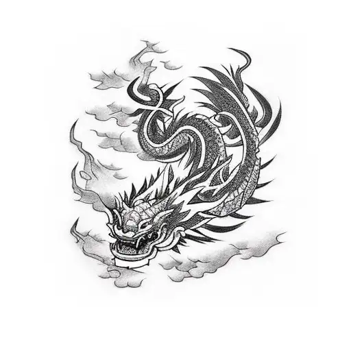 Fine Line Black Traditional Japanese Dragon Tattoo For Leg