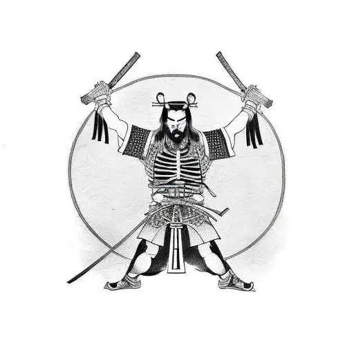 Samurai Standing Holding A Sword With Two Hands Down His Chest With Skeleton Wings