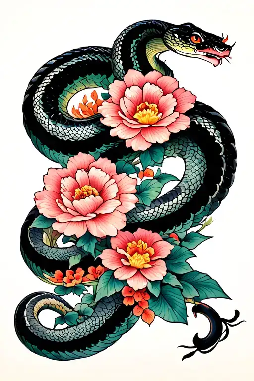 Oriental Sleeve With A Small Snake On Top And Flowers