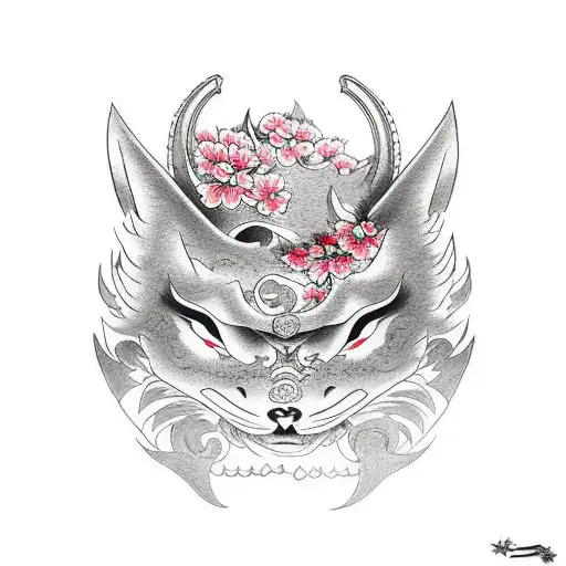 Lady Warrior With Kitsune Mask And Cherry Blossom