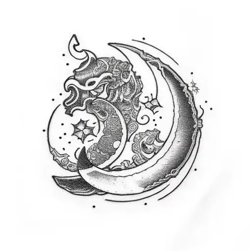 Crescent Moon With Ornate Dagger Sticking Through It