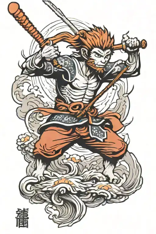 Sun Wukong Balancing On A Staff In A Pond While Holding A Compass In Both Hands