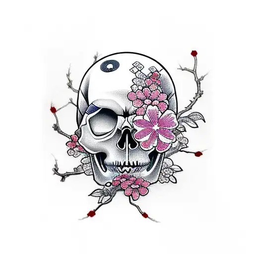 Japones Yin Yan Skull With Cherry Blossoms