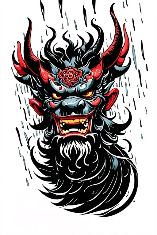 Oni Demon Mask Surrounded By Rain