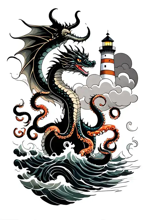 Octopus Dragon Ocean Shipwreck Clouds Lighthouse