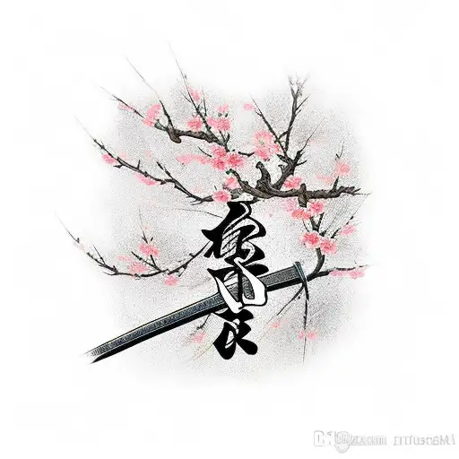 Katana Sword With Cherry Blossom Branches Sprouting From The Handle Of The Sword