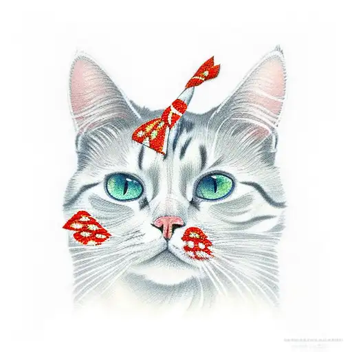 White And Orange Cat With A Red And White Tartan Bowtie