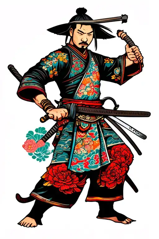 One Arm Quarter Sleeve Colorful Japanese Style Tattoo Of A Samurai Holding A Katana