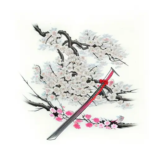 Katana Sword With Cherry Blossom Branches Sprouting From The Handle