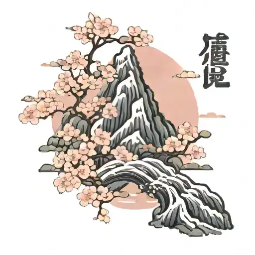 Japanese Mountain With Cherry Blossoms