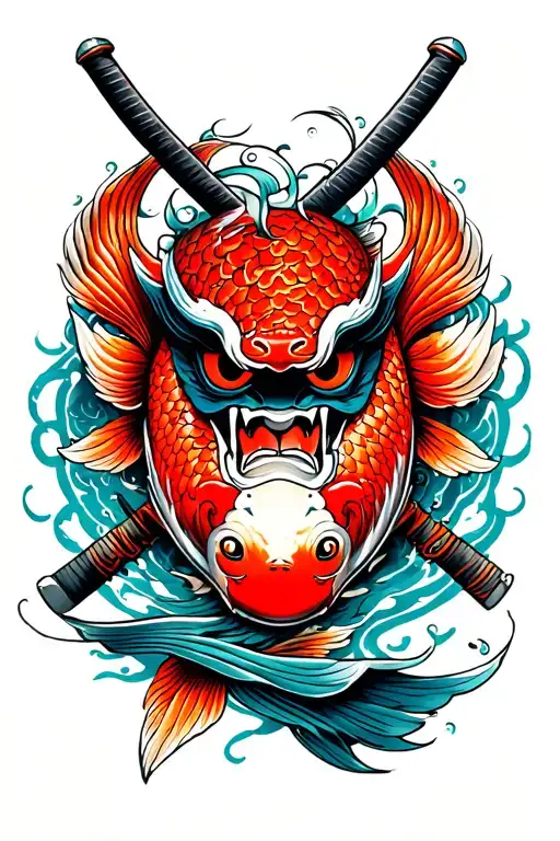 Oni Mask With Koi Fish Swimming And Katanas Stab It From Both