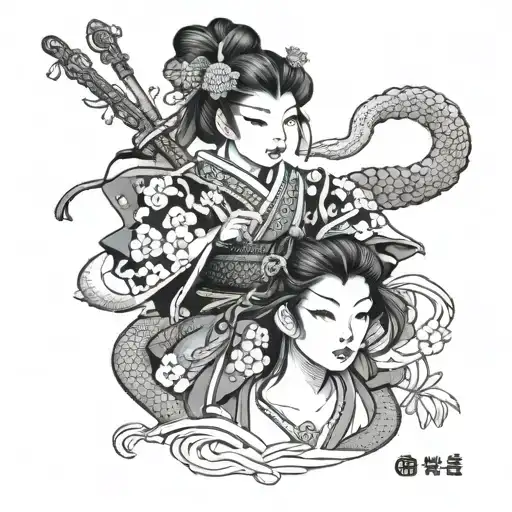 Samurai Girl With A Frog On Her Back In Japanese Black And White Style