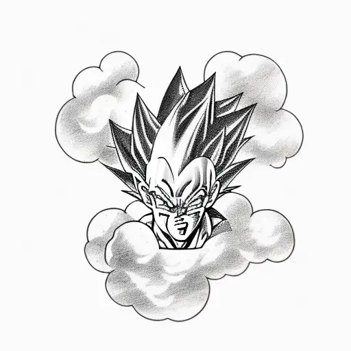 A Sketch-style Portrait Of Vegeta With Clouds And Diamonds As The Background