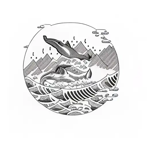 A Majestic Blackwork Tattoo Of A Whale Swimming Through A Mountain Range