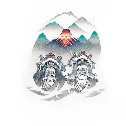 Two Samurai Brother Sitting And A Beautiful Mountain And A Sky At Back