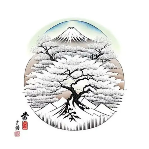 A Majestic Lama Meditating Under A Cherry Blossom Tree With The Iconic Mount Fuji In The Background