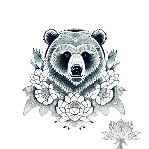 Grizzly Bear With Lotus Flowers