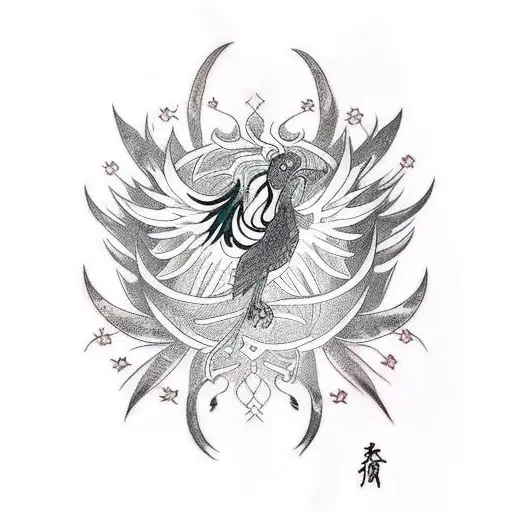 Lined Phoenix Tattoo With Feminine Figure