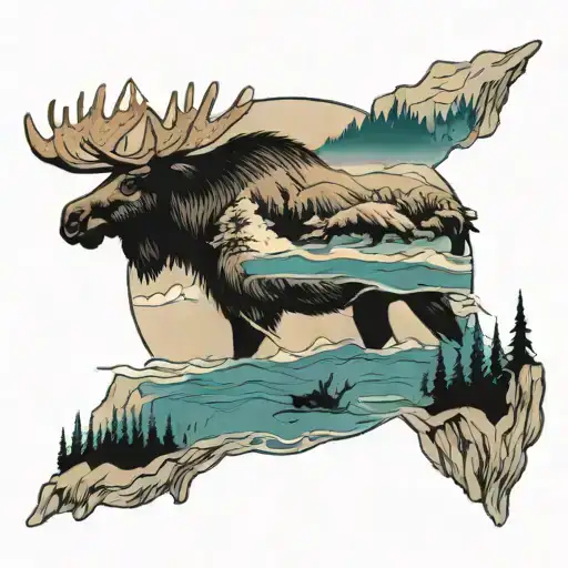 A Moose A Bear And A Lake Surrounded By Mountains