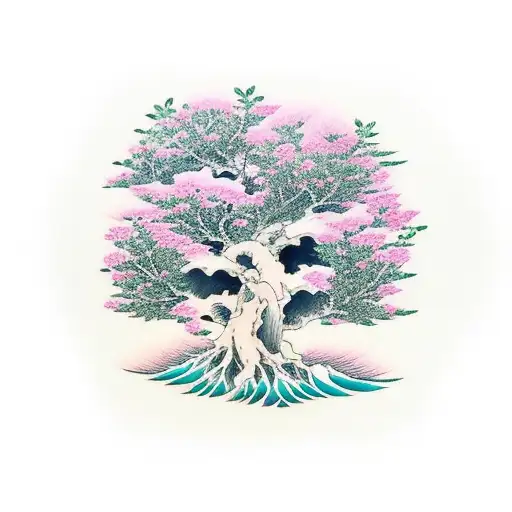 Sakura Tree Roots With Blooming Flowers