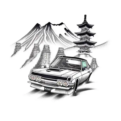 A Realistic Depiction Of A Retro Car Drifting On A Mountain Road In Japan