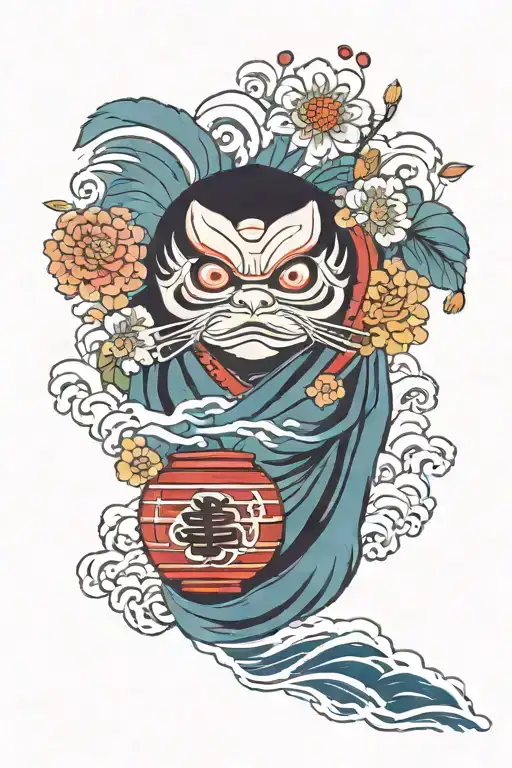 Flower With A Daruma Doll And Wave Background