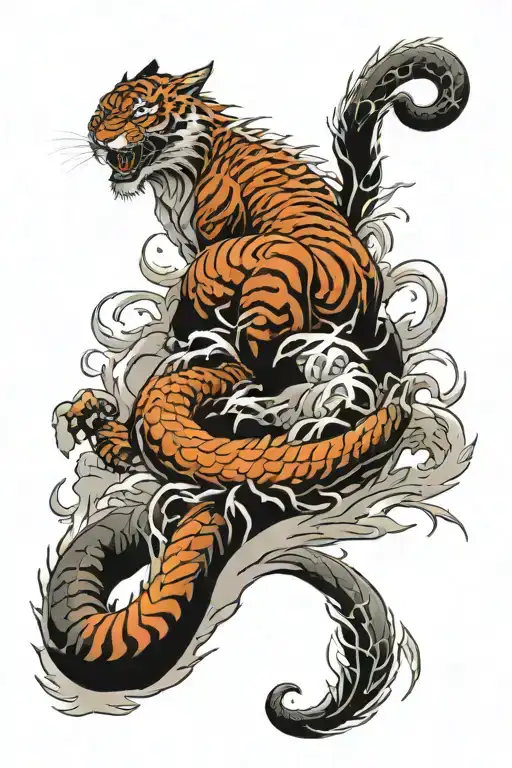 I Would Like A Japanese Style Tattoo With A Tiger And A Dragon Twisting Around