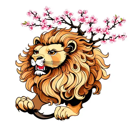 Lion And Cherry Blossom Tree Intertwined