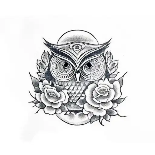 An Owl With Skull And Roses