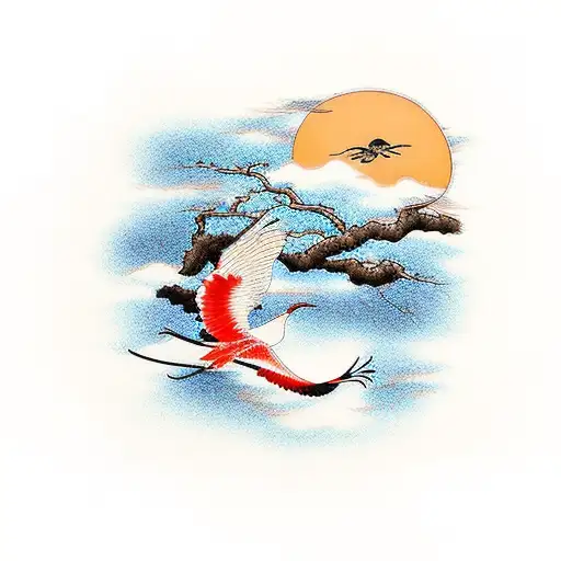 A Traditional Japanese Crane Gracefully Perched On A Branch As The Sun Rises In The Background