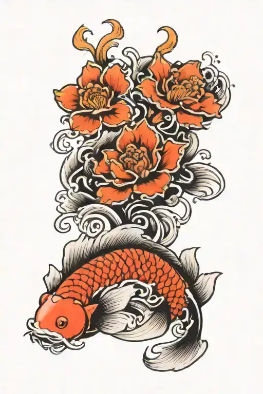 Flower And A Koi Fish Black