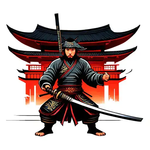 Samurai Warrior Holding A Katana With A Traditional Japanese House Behind Him