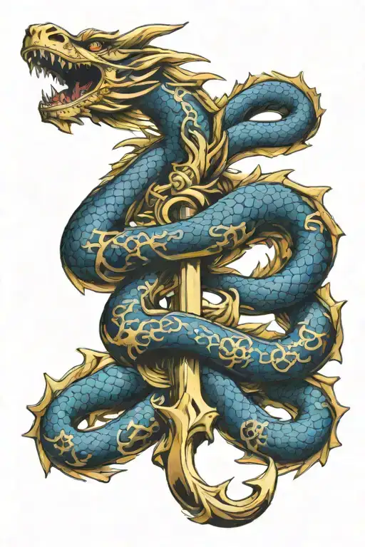 Gold Usn Anchor With Blue And Gold Dragon Wrapped Around Anchor